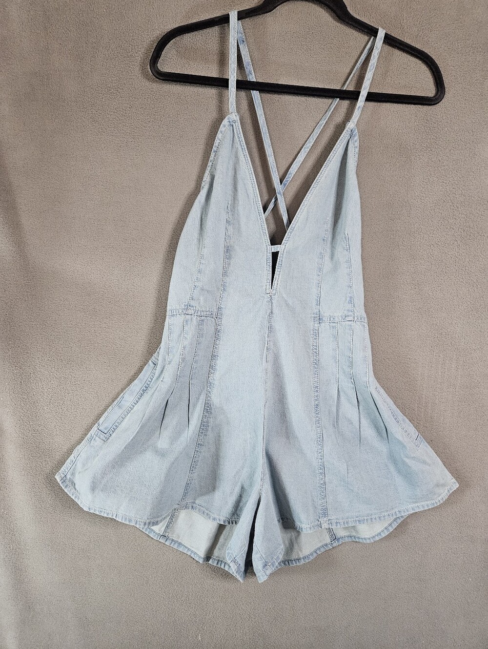 Free People Denim Romper Nostalgia Ultra Shortalls Small Light Blue Boho NWT